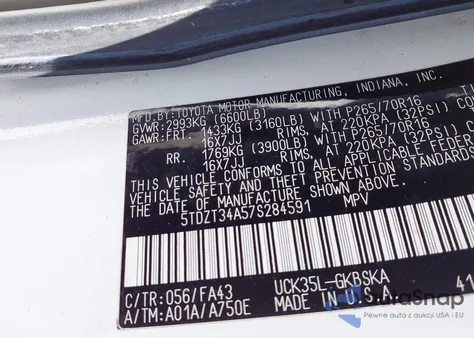 2007 Toyota Sequoia Sr5 V8 from USA, damaged, VIN 5TDZT34A57S284591